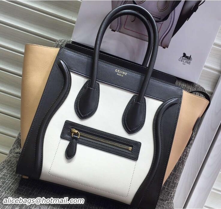 Grade Quality Celine Luggage Micro Tote Bag in Original Leather Black/White/Apricot 703099