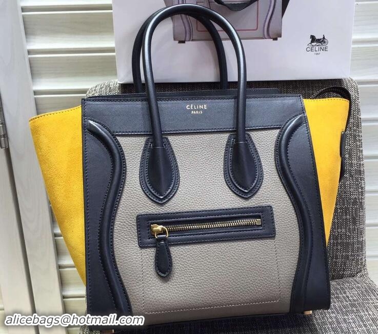 Grade Quality Celine Luggage Micro Tote Bag in Original Leather Black/Grained Gray/Suede Yellow 703101