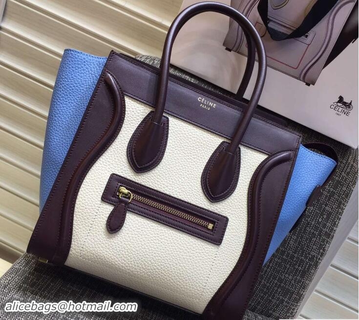 Big Discount Celine Luggage Micro Tote Bag in Original Leather Burgundy/Grained White/Grained Sky Blue 703101