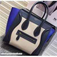 Comfortable Celine Luggage Micro Tote Bag in Original Leather Navy Blue/Grained Beige/Blue 703099