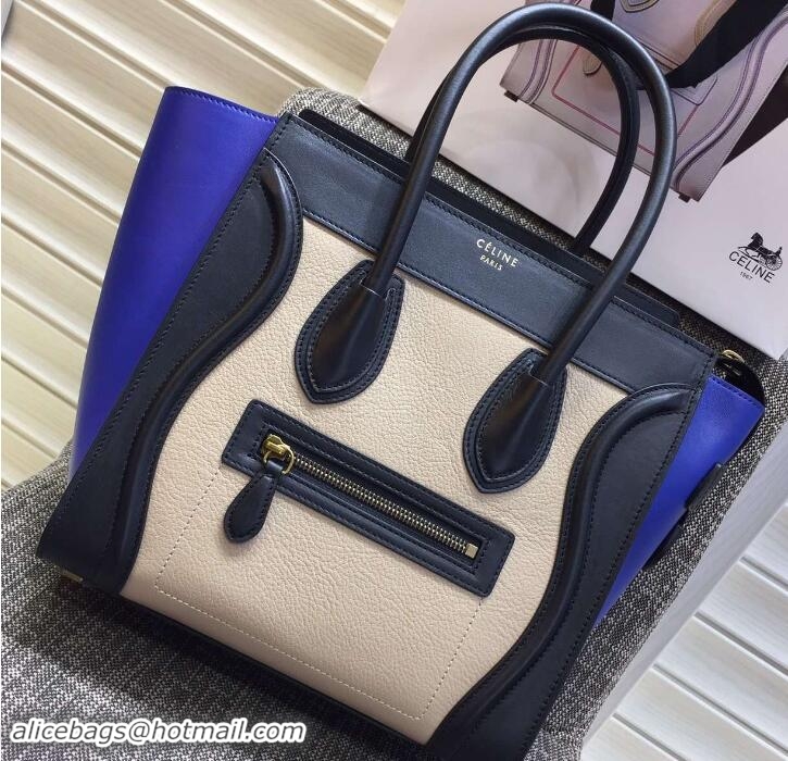 Comfortable Celine Luggage Micro Tote Bag in Original Leather Navy Blue/Grained Beige/Blue 703099