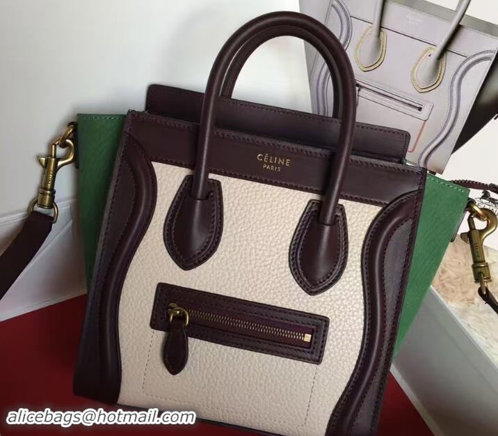 Stylish Celine Luggage Nano Tote Bag in Original Leather Black/Grained Beige/Crinkle Ice Green 7031101