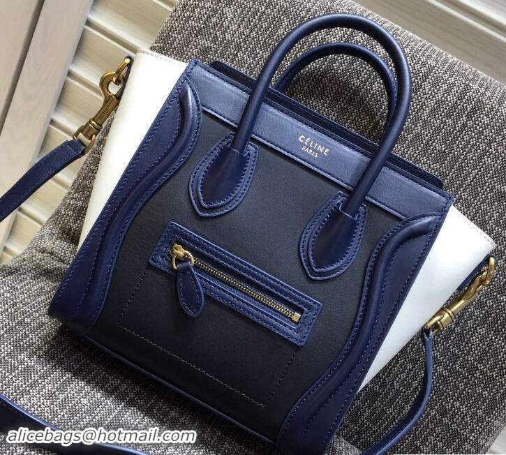 Duplicate Celine Luggage Nano Tote Bag in Original Leather Navy Blue/Black/White 7031101