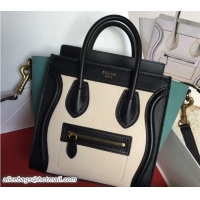 Sumptuous Celine Luggage Nano Tote Bag in Original Leather Black/Grained Beige/Crinkle Ice Green 7031101