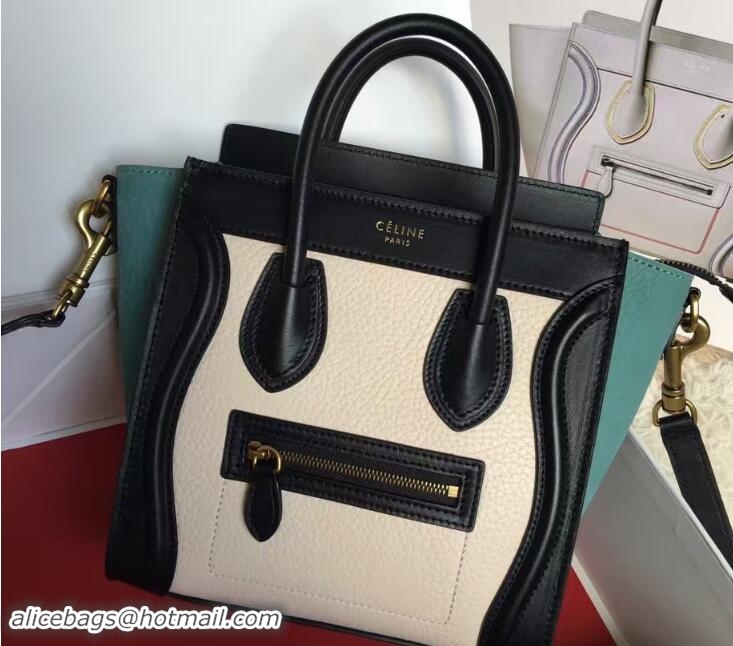 Sumptuous Celine Luggage Nano Tote Bag in Original Leather Black/Grained Beige/Crinkle Ice Green 7031101