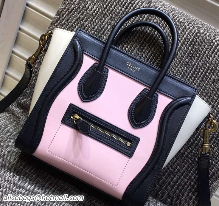 Inexpensive Celine Luggage Nano Tote Bag in Original Leather Black/Cherry Pink/White 7031101