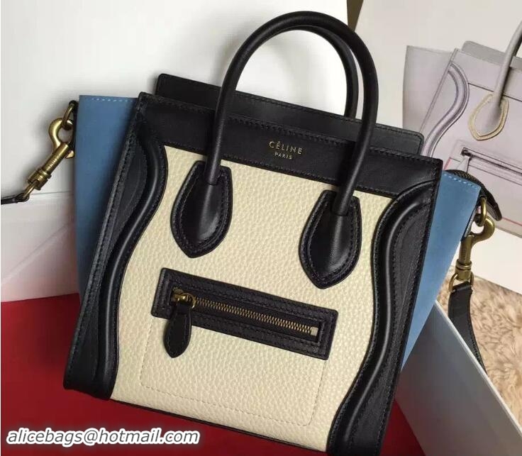 Top Quality Celine Luggage Nano Tote Bag in Original Leather Black/Grained Beige/Suede Sky Blue 7031101