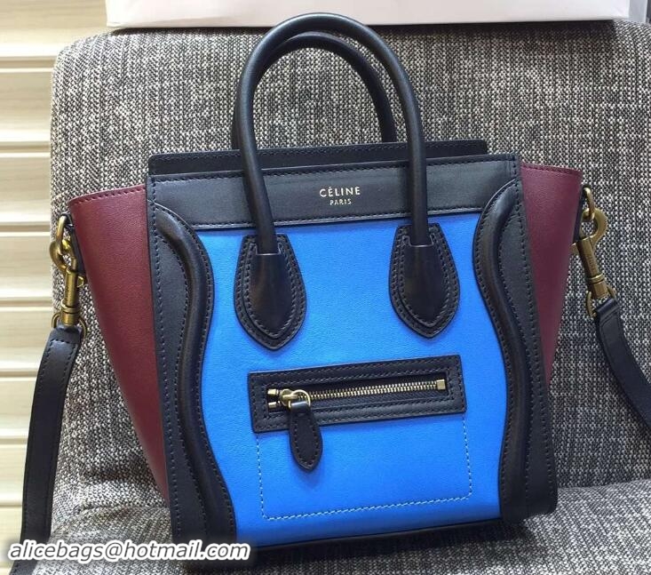 Discount Celine Luggage Nano Tote Bag in Original Leather Black/Blue/Burgundy 7031101