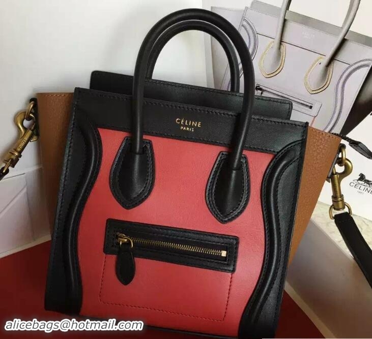 Original Cheap Celine Luggage Nano Tote Bag in Original Leather Black/Peach/Crinkle Khaki 7031101