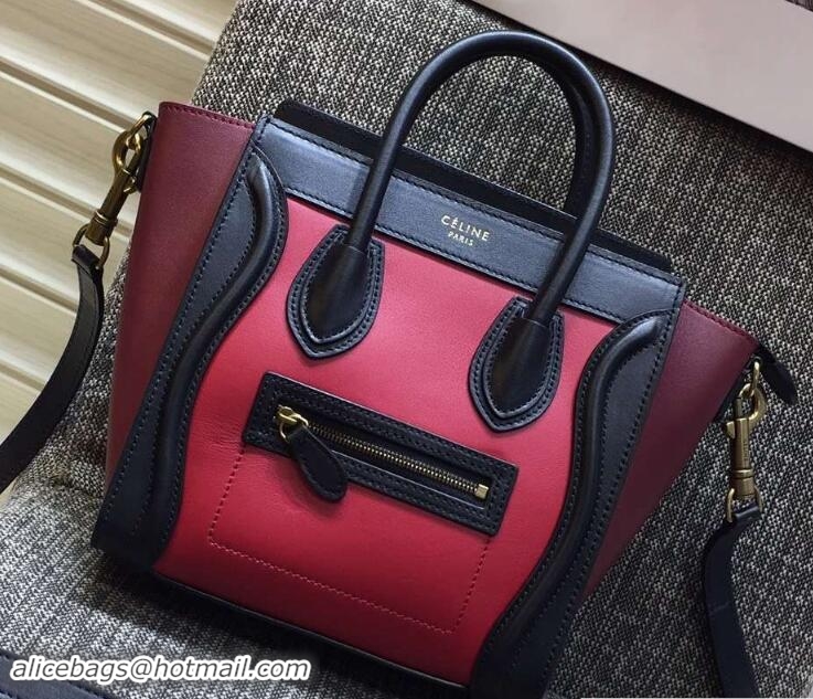 Most Popular Celine Luggage Nano Tote Bag in Original Leather Black/Peach/Burgundy 7031101