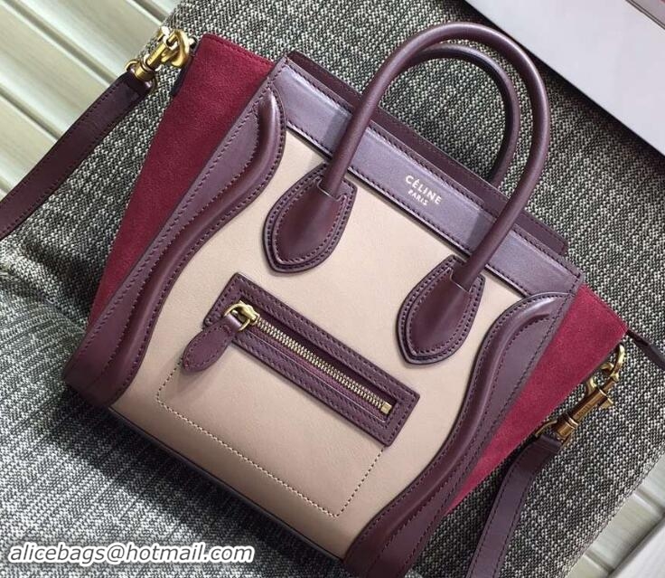 Best Grade Celine Luggage Nano Tote Bag in Original Leather Burgundy/Beige/Suede Red 7031101