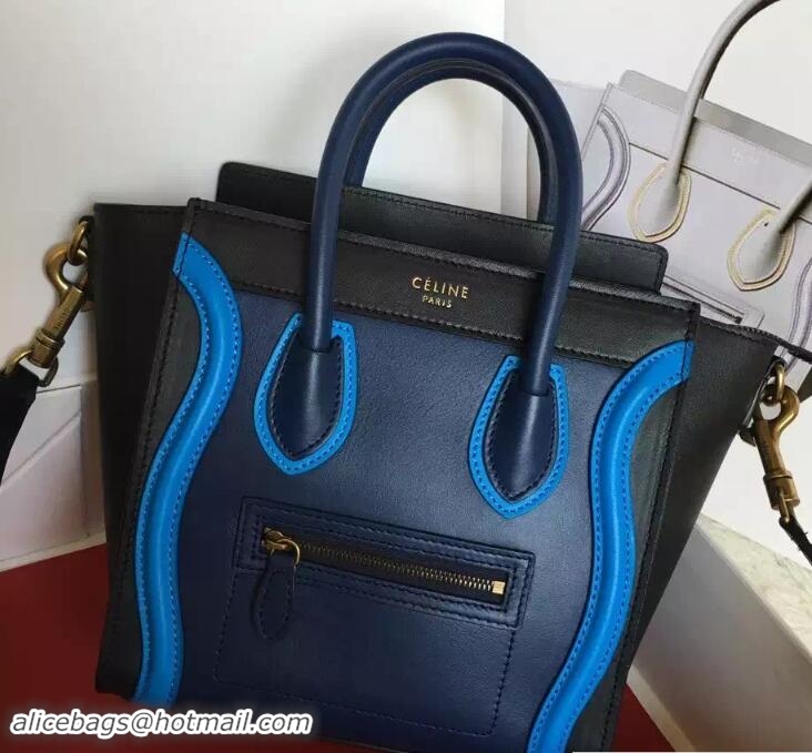 Classic Specials Celine Luggage Nano Tote Bag in Original Leather Black/Navy Blue/Blue 7031101