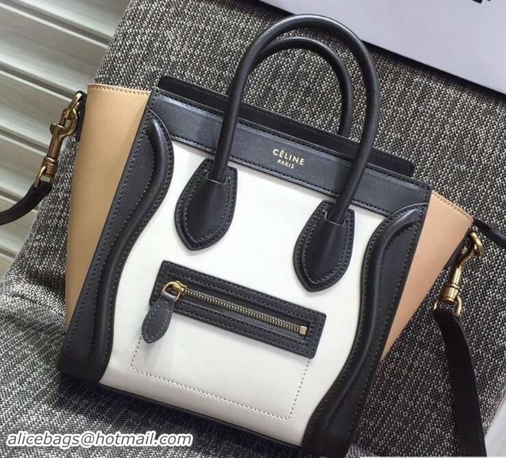 Top Quality Celine Luggage Nano Tote Bag in Original Leather Black/White/Apricot 7031101