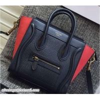 Shop Celine Luggage Nano Tote Bag in Original Leather Navy Blue/Grained Black/Crinkle Red 7031101