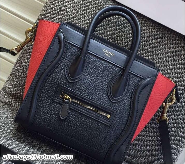 Shop Celine Luggage Nano Tote Bag in Original Leather Navy Blue/Grained Black/Crinkle Red 7031101