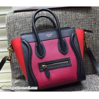 Duplicate Celine Luggage Nano Tote Bag in Original Leather Black/Grained Fushia/Red 7031101