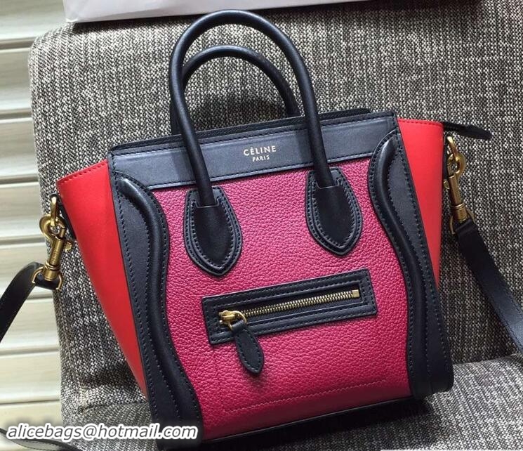 Duplicate Celine Luggage Nano Tote Bag in Original Leather Black/Grained Fushia/Red 7031101