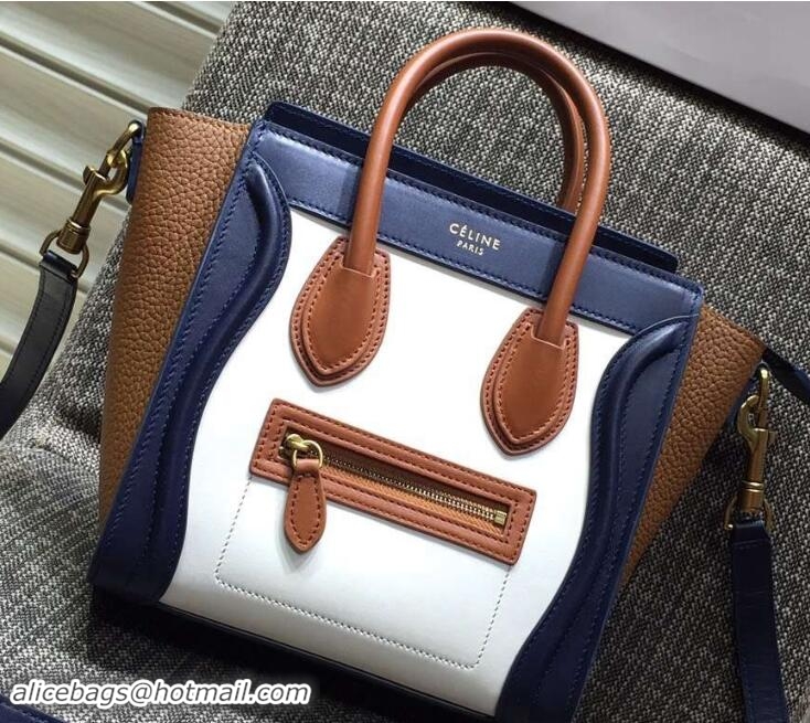 Duplicate Celine Luggage Nano Tote Bag in Original Leather Navy Blue/White/Grained Khaki 7031101