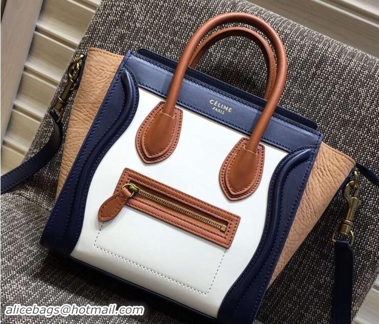 Best Price Celine Luggage Nano Tote Bag in Original Leather Navy Blue/White/Crinkle Apricot 7031101