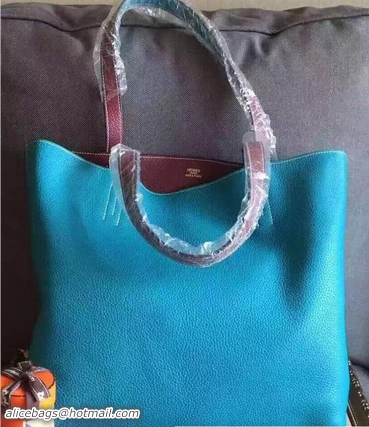 Most Popular Hermes Double Sens Shopping Tote Bag In Original Togo Leather H60422 Light Blue/Dark Brown