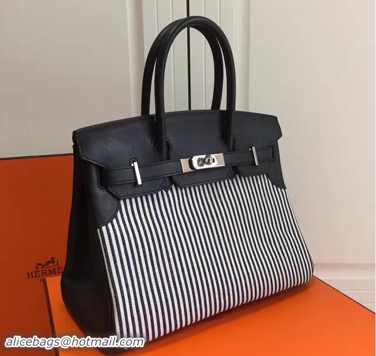 AAAAA Hermes Mini Birkin 30cm Bag in Original Canvas Swift Leather H60414 Striped Black