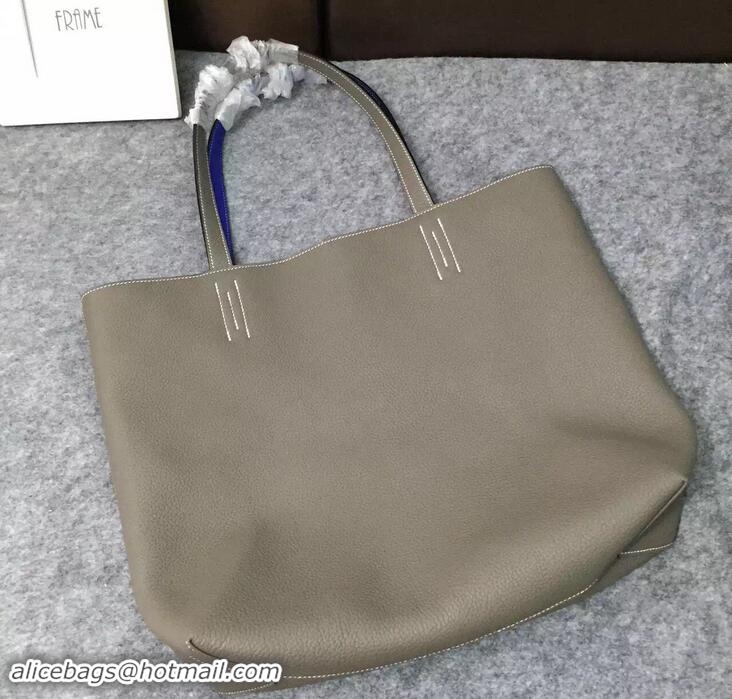 Good Quality Hermes Double Sens Shopping Tote Bag In Original Togo Leather H60419 Light Gary/Blue