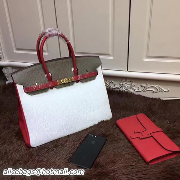 Fashion Luxury Hermes Birkin 35CM Tote Bag Original Leather HB35TK White&Grey&Red