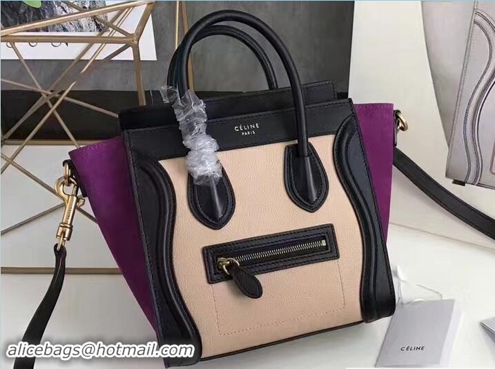 Top Design Celine Luggage Nano Tote Bag in Original Leather Black/Grained Beige/Suede Purple 71804