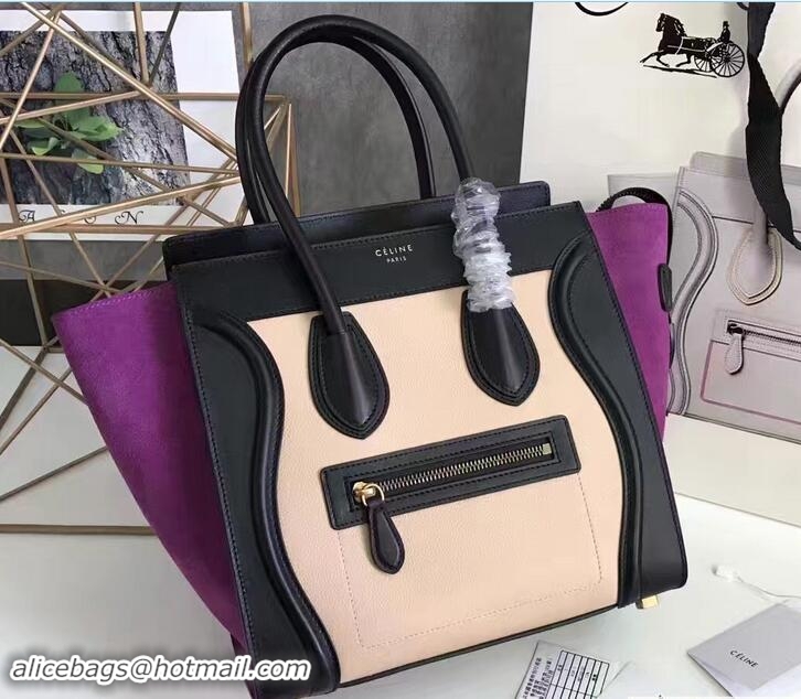 Classic Celine Medium Luggage Phantom Bag in Textile with Calfskin Border  Black/Grained Beige/Suede Purple 71803