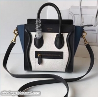 Best Product Celine Luggage Nano Tote Bag In Grained Leather Black/White/Blue 71901