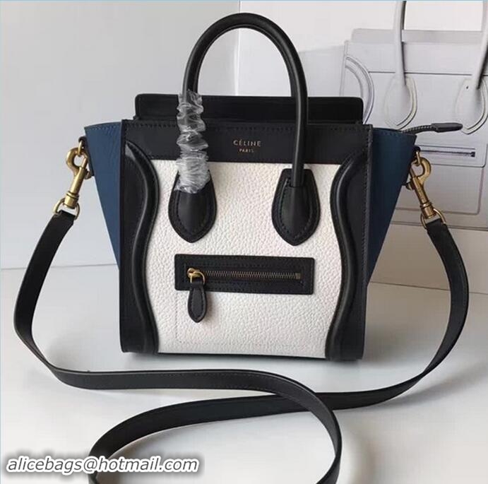 Best Product Celine Luggage Nano Tote Bag In Grained Leather Black/White/Blue 71901