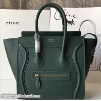 Classic Hot Celine Luggage Micro Tote Bag in Grained Leather Dark Green 71902