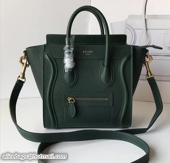 Classic Celine Luggage Nano Tote Bag In Grained Leather Dark Green 71901