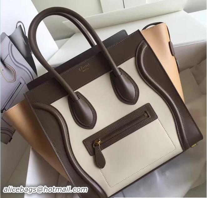 Generous Celine Luggage Micro Tote Bag In Original Calfskin Leather White/Chocolate/Yellow 71916