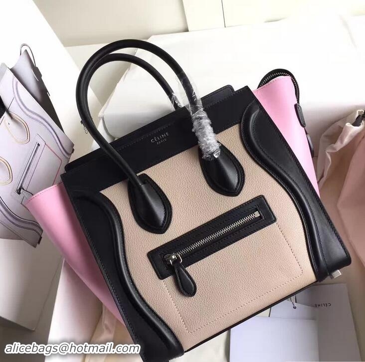 Discount Celine Luggage Micro Tote Bag in Original Leather 72010 Black/Grained Apricot/Pink 2017