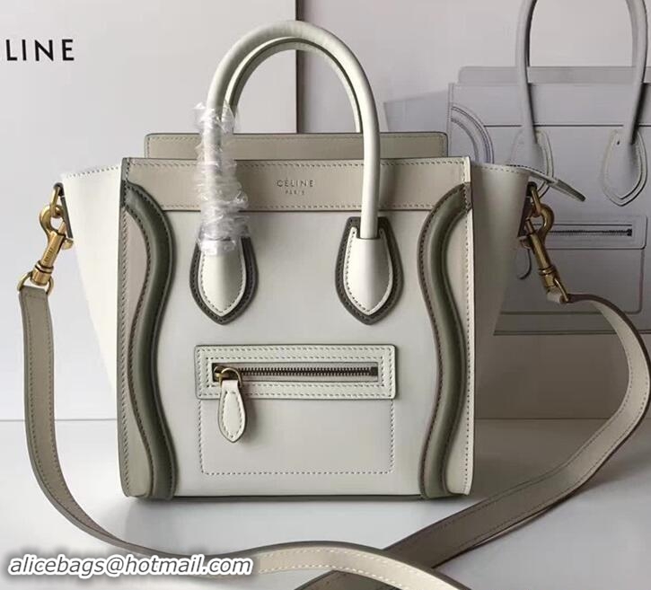 Low Cost Celine Luggage Nano Tote Bag In Original Calfskin Leather Ivory/Dark Green 71908