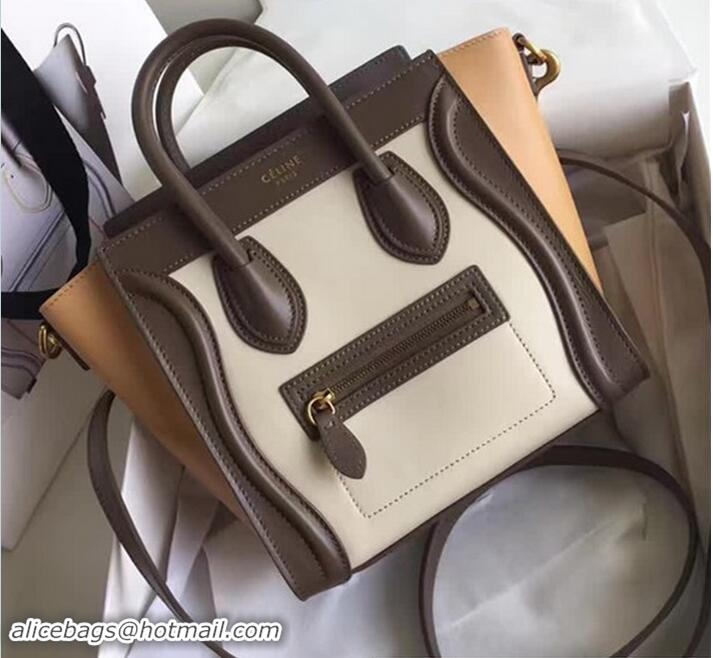 Best Price Celine Luggage Nano Tote Bag In Original Calfskin Leather White/Chocolate/Yellow 71915