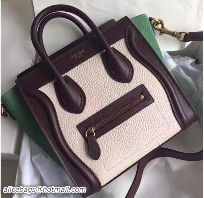 Grade Quality Celine Luggage Nano Tote Bag In Original Leather Grained Apricot Burgundy/Crinkle Green 72025