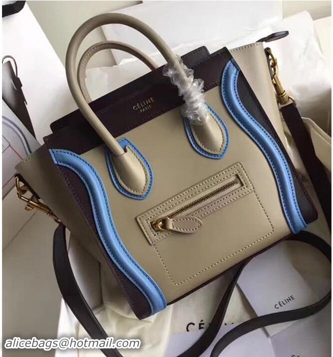 Classic Hot Celine Luggage Nano Tote Bag In Original Leather Gary/Black/Light Blue 72025