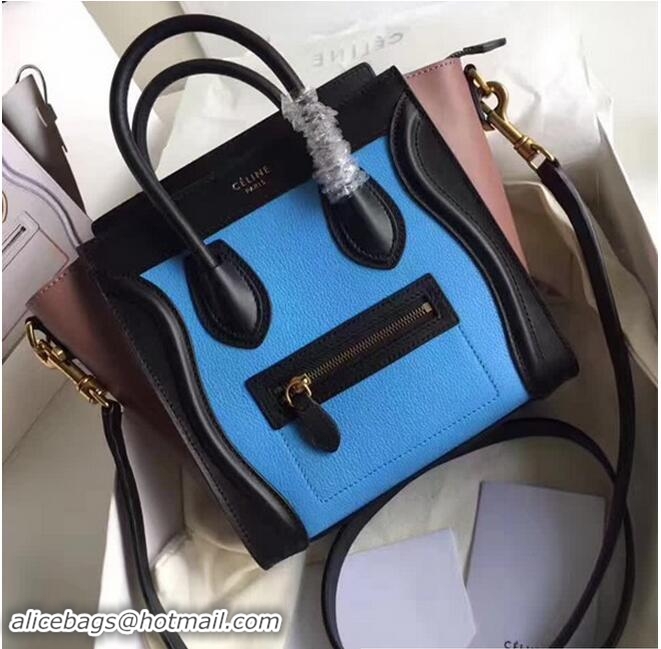 Good Looking Celine Luggage Nano Tote Bag In Original Leather Grained Blue/Black/Camel 72025