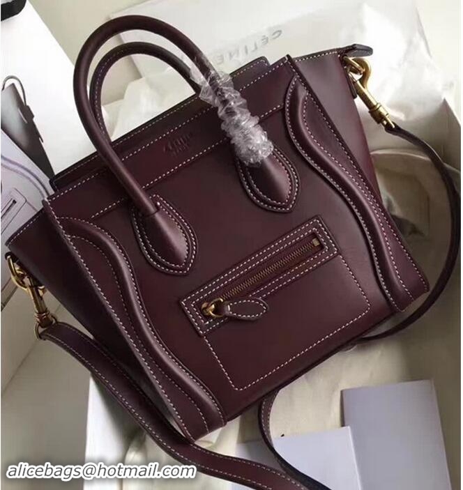 Classic Celine Luggage Nano Tote Bag In Original Leather Quilting Burgundy 72025