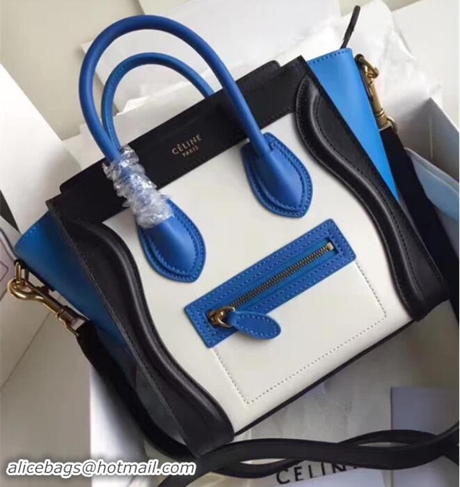 Most Popular Celine Luggage Nano Tote Bag In Original Leather Grained White/Black/Blue 72025