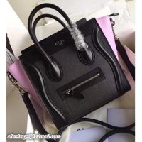 Stylish Celine Luggage Nano Tote Bag In Original Leather Grained Black/Pink 72025