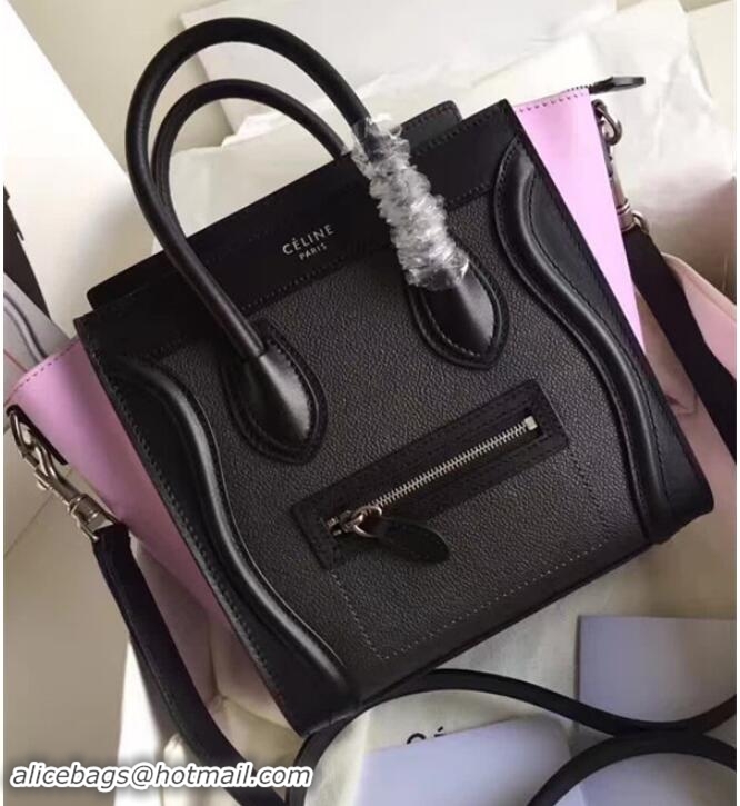 Stylish Celine Luggage Nano Tote Bag In Original Leather Grained Black/Pink 72025