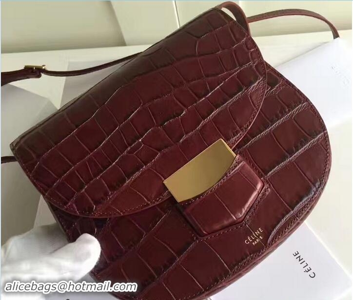 Fashion Celine Croco Pattern Small Trotteur Shoulder Bag 72112 Burgundy