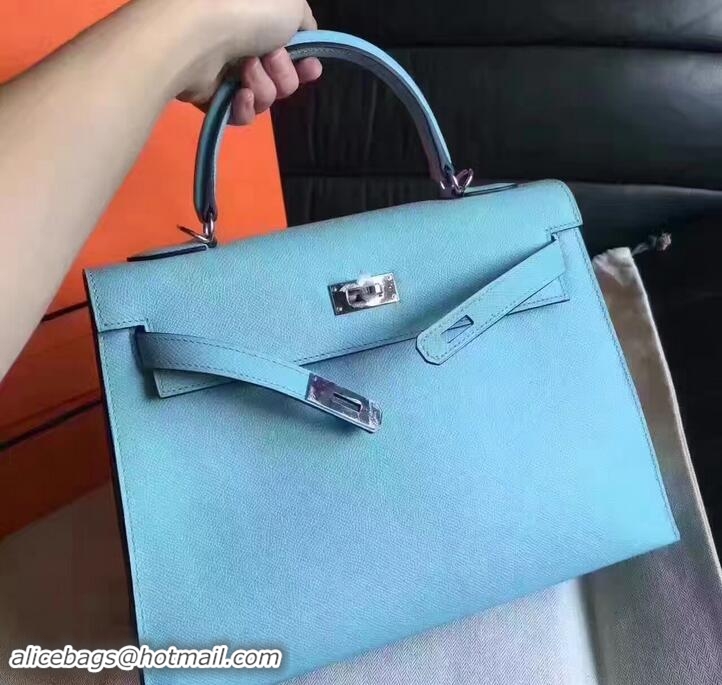 Feminine Hermes Kelly 28CM Bag In Original Epsom Leather With Gold/Silver Hardware 72308 Light Blue