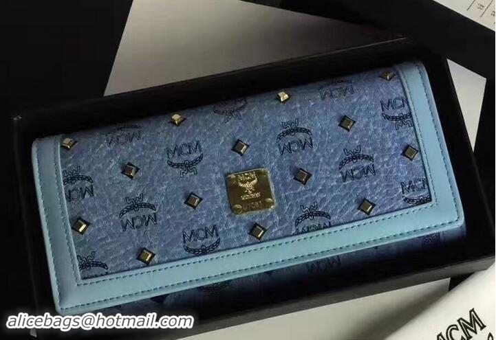 Original Cheap MCM Studded Color Visetos Tri-fold Large Wallet 81114 Blue