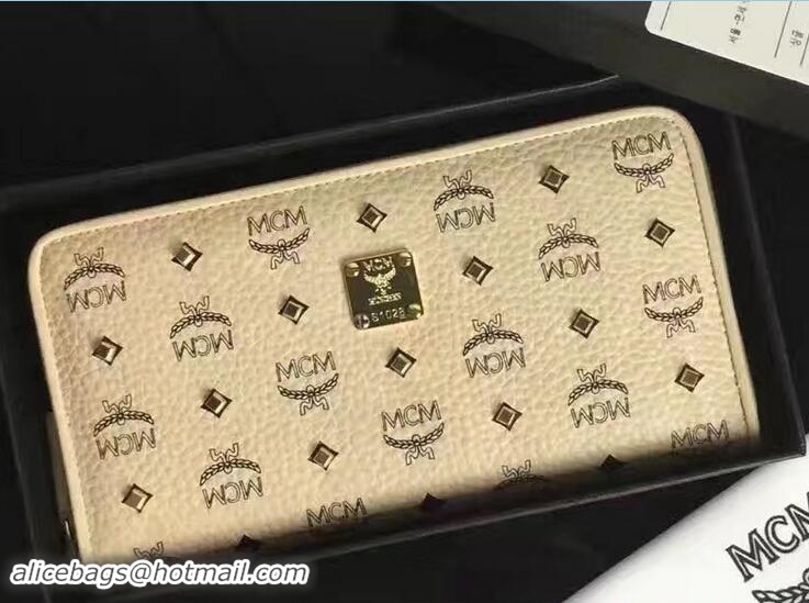 Expensive MCM Studded Color Visetos Zip Around Large Wallet 81121 Beige