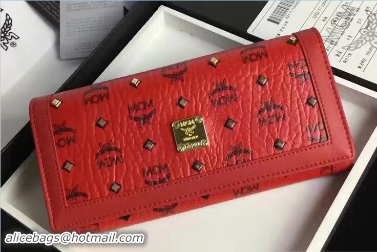 Stylish MCM Studded Color Visetos Tri-fold Large Wallet 81114 Red