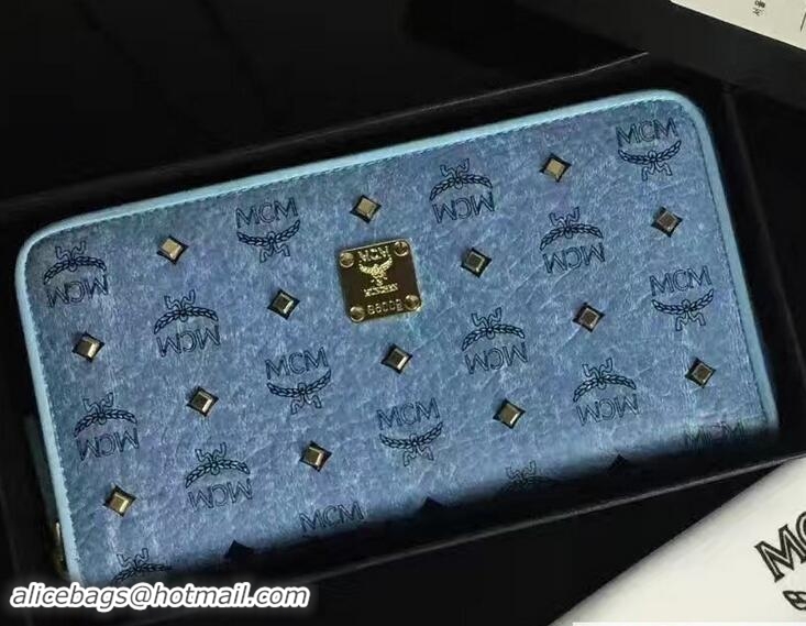 Good Quality MCM Studded Color Visetos Zip Around Large Wallet 81121 Blue